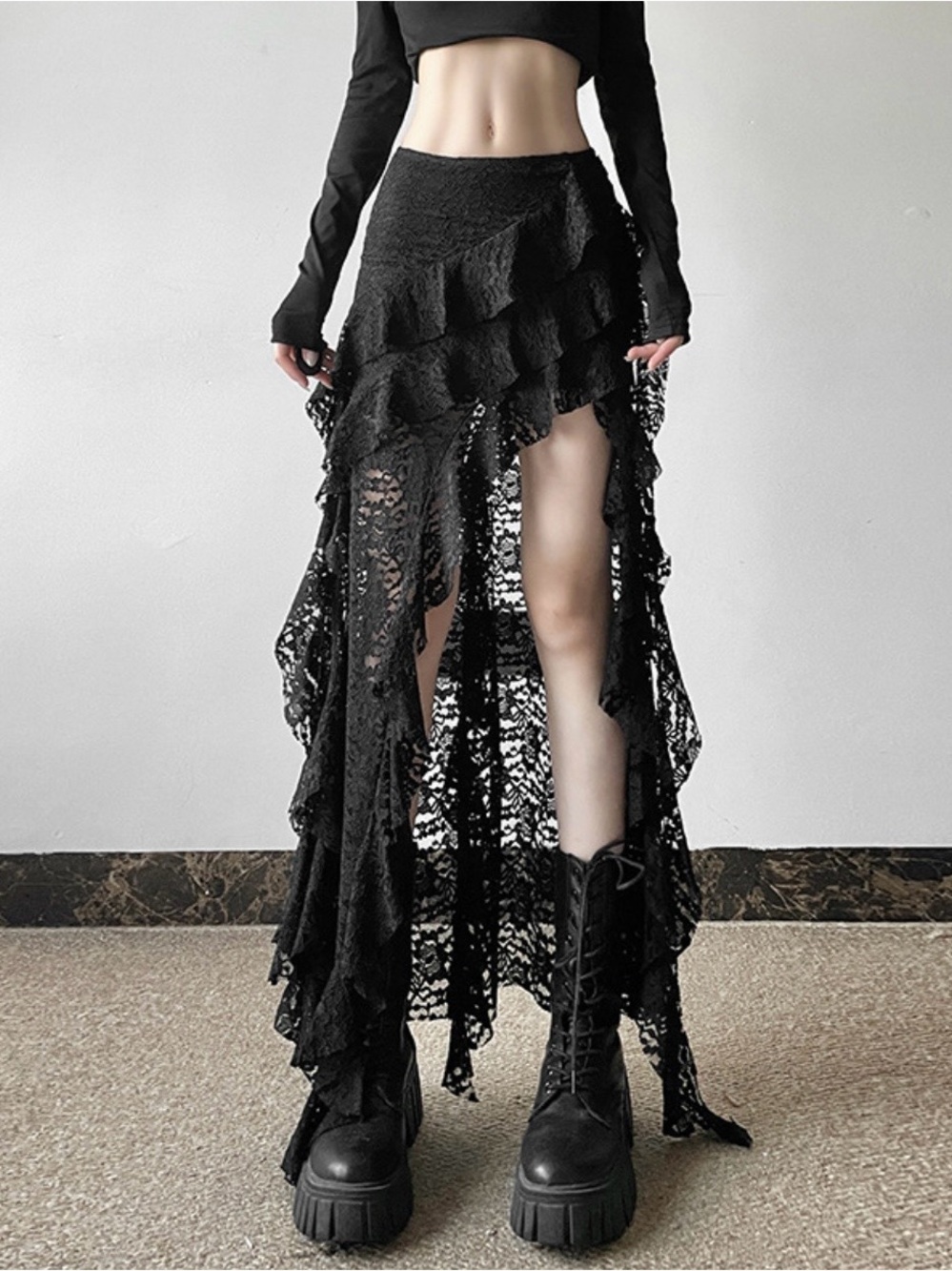 2407 -Goth Punk Black Lace Asymmetrical Ruffle Layered High Low Skirt Size M NWT